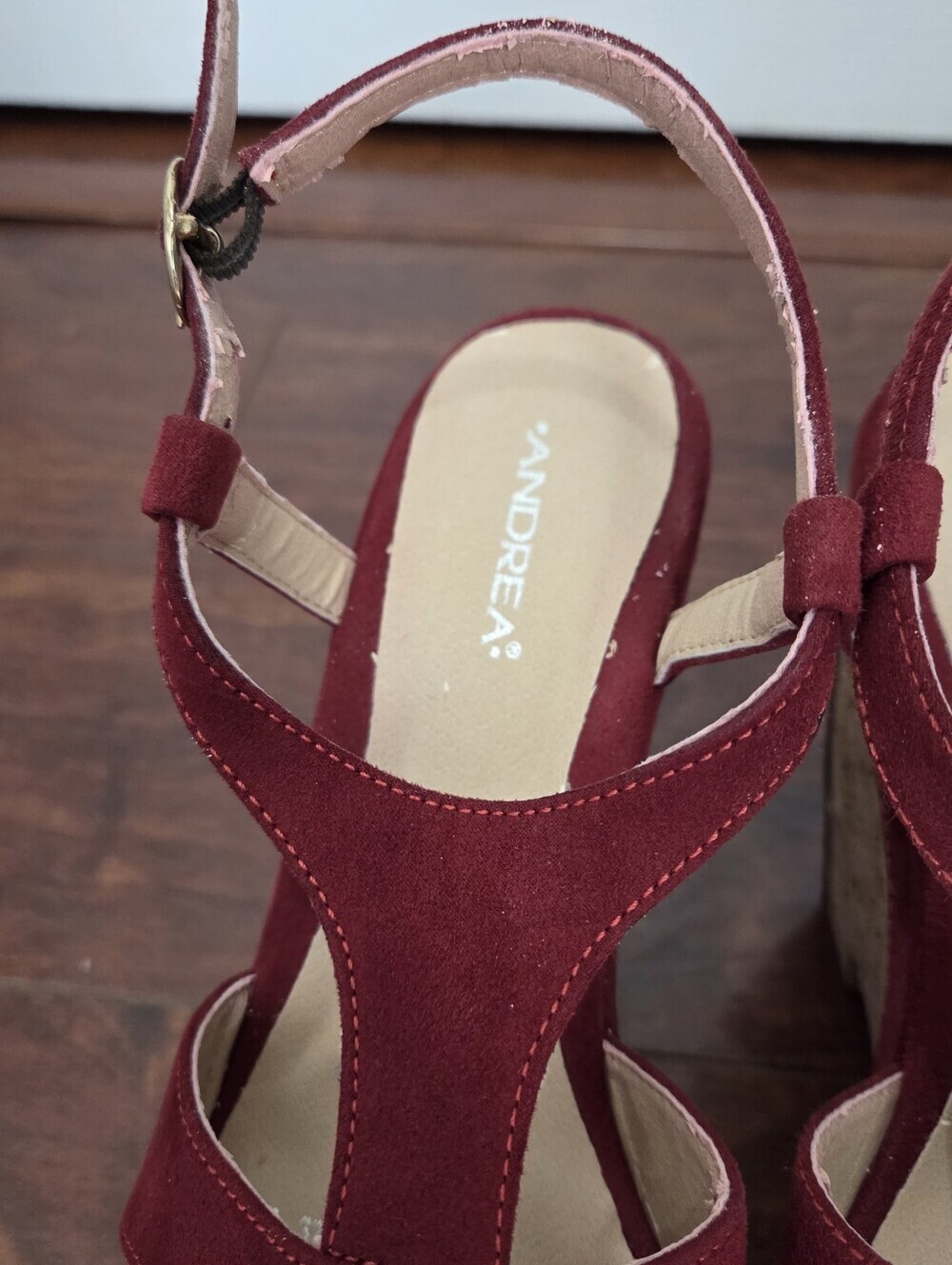 ANDREA Red Microsuede Cork Platform Wedge Sandals with Ankle Straps Size 7 - Picture 6 of 10